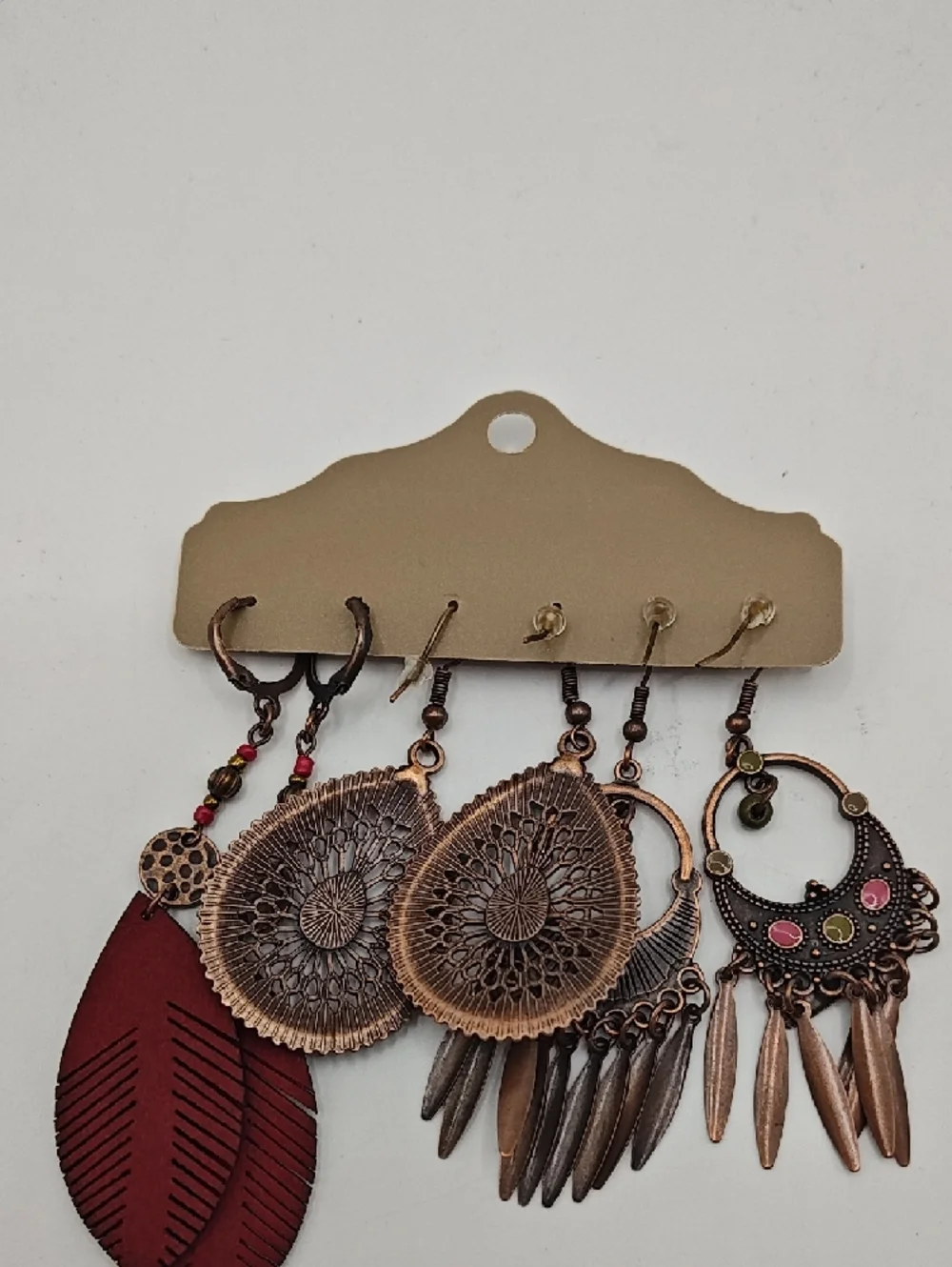 Boho Metal Teardrop and Feather Earrings Set Red and Copper‎ 3 Pair